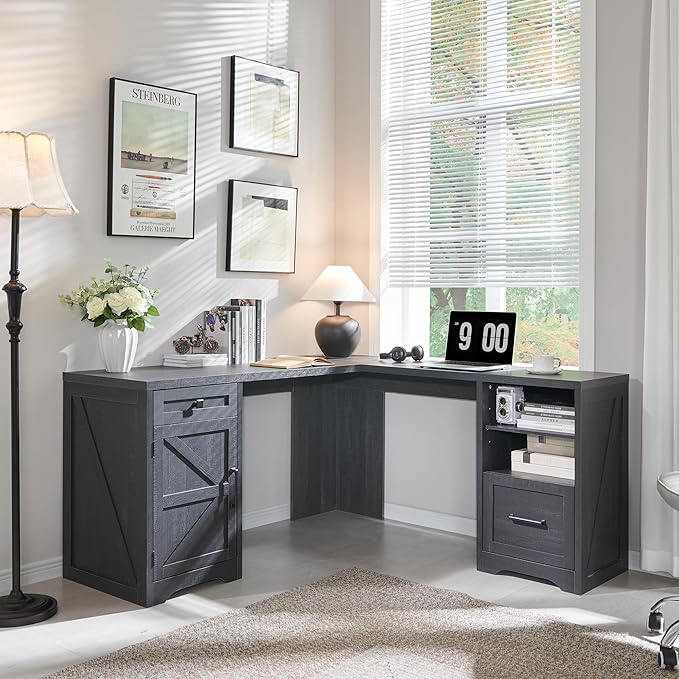 59-inch Farmhouse Computer Desk with File Cabinet - Cool Black