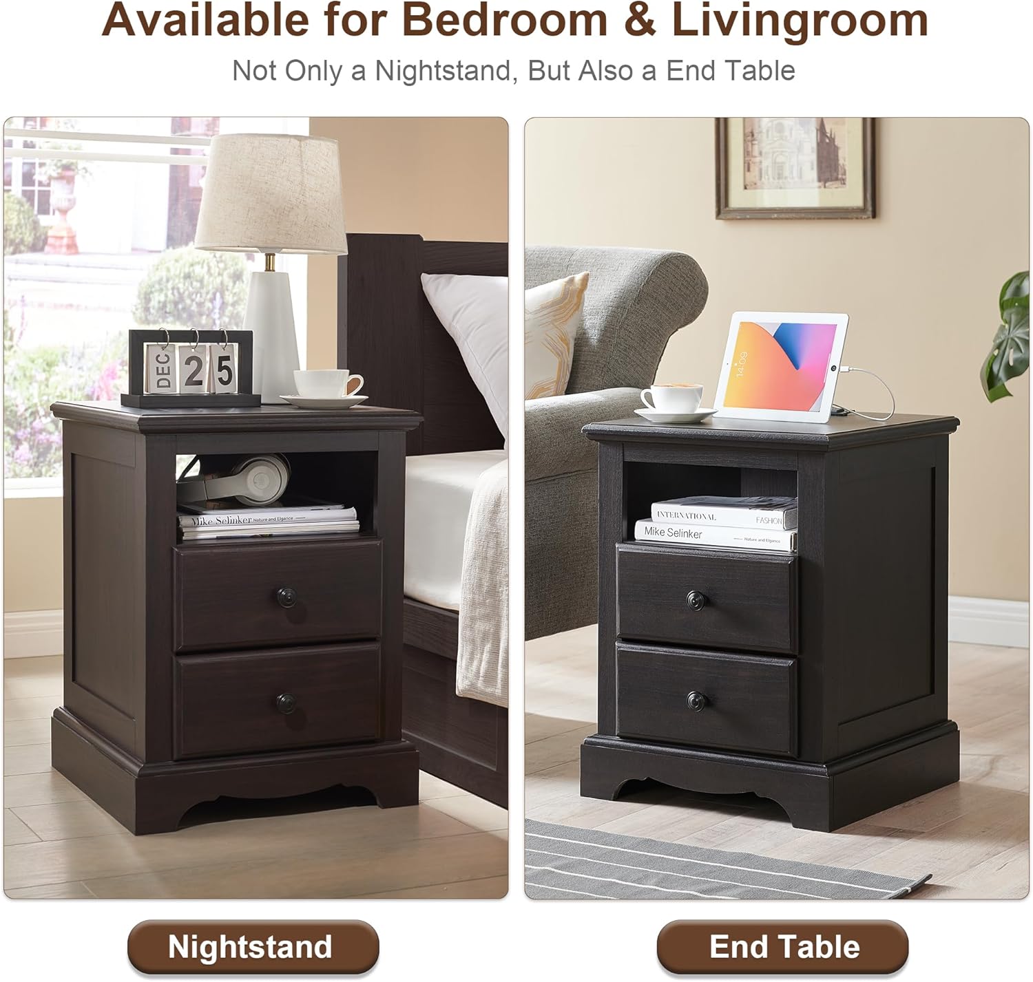T4TREAM Espresso Nightstand with Charging Station and Two Drawers