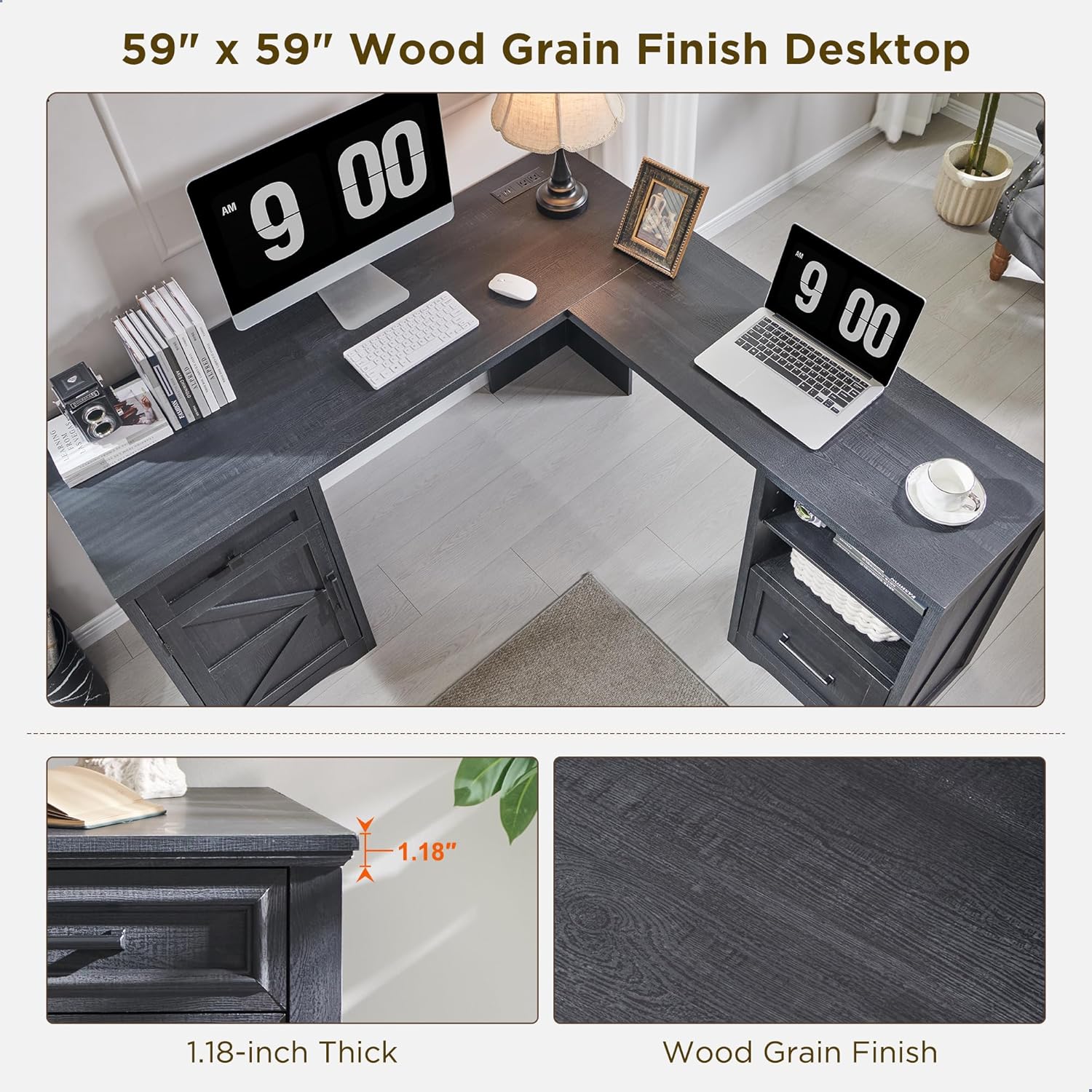 59-inch Farmhouse Computer Desk with File Cabinet - Cool Black