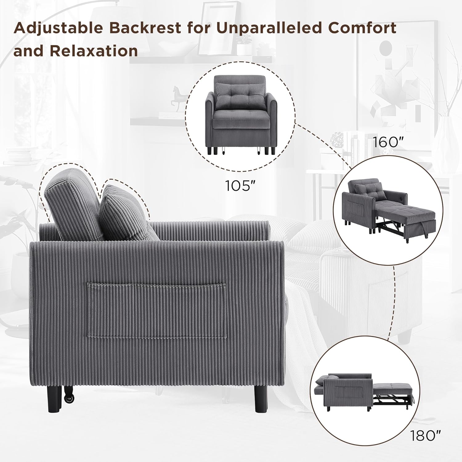 3-in-1 Corduroy Sleeper Sofa Bed Chair with USB Ports