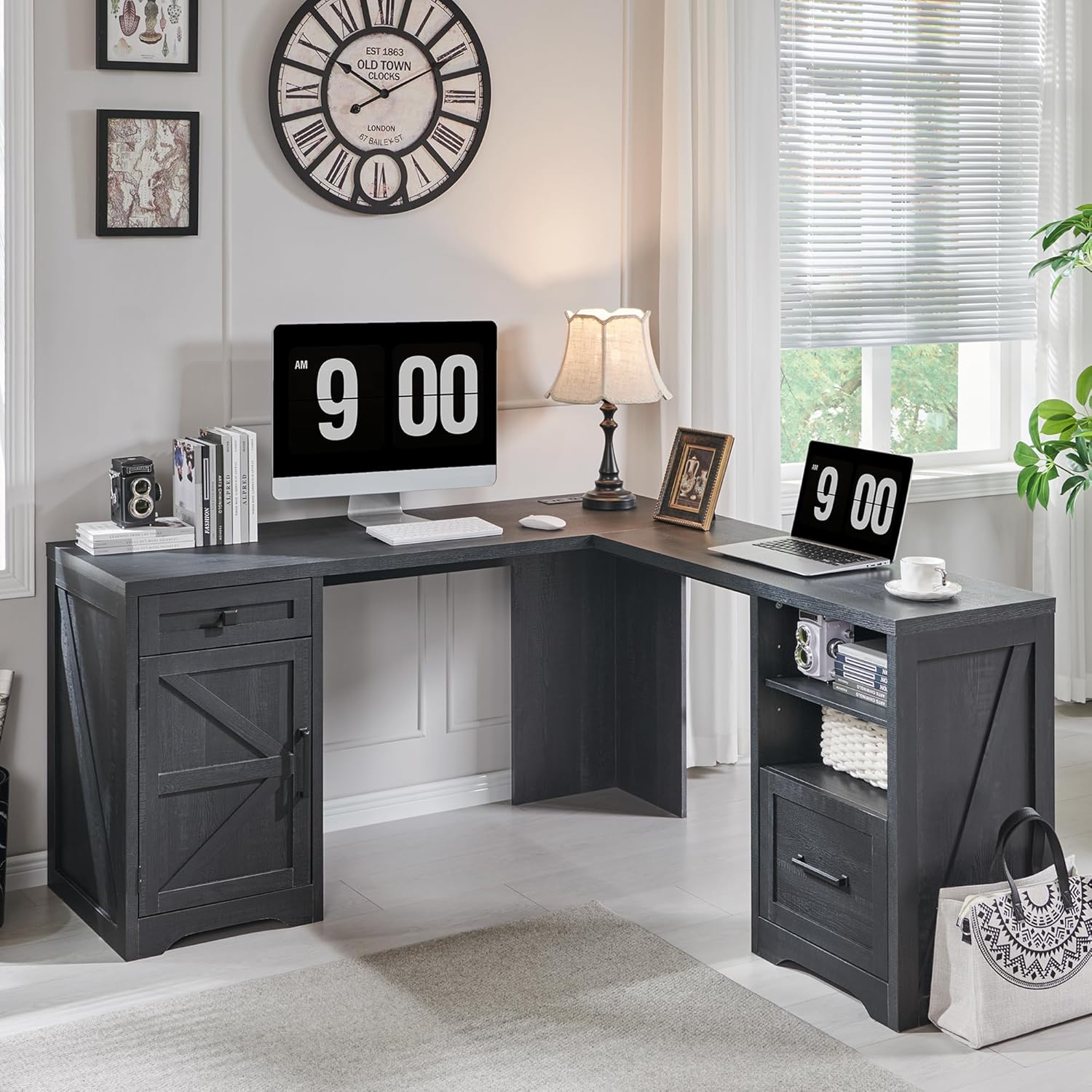 59-inch Farmhouse Computer Desk with File Cabinet - Cool Black