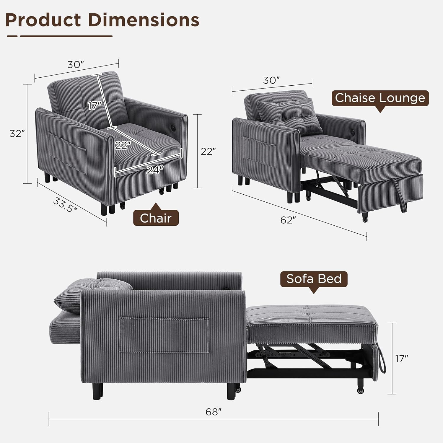3-in-1 Corduroy Sleeper Sofa Bed Chair with USB Ports