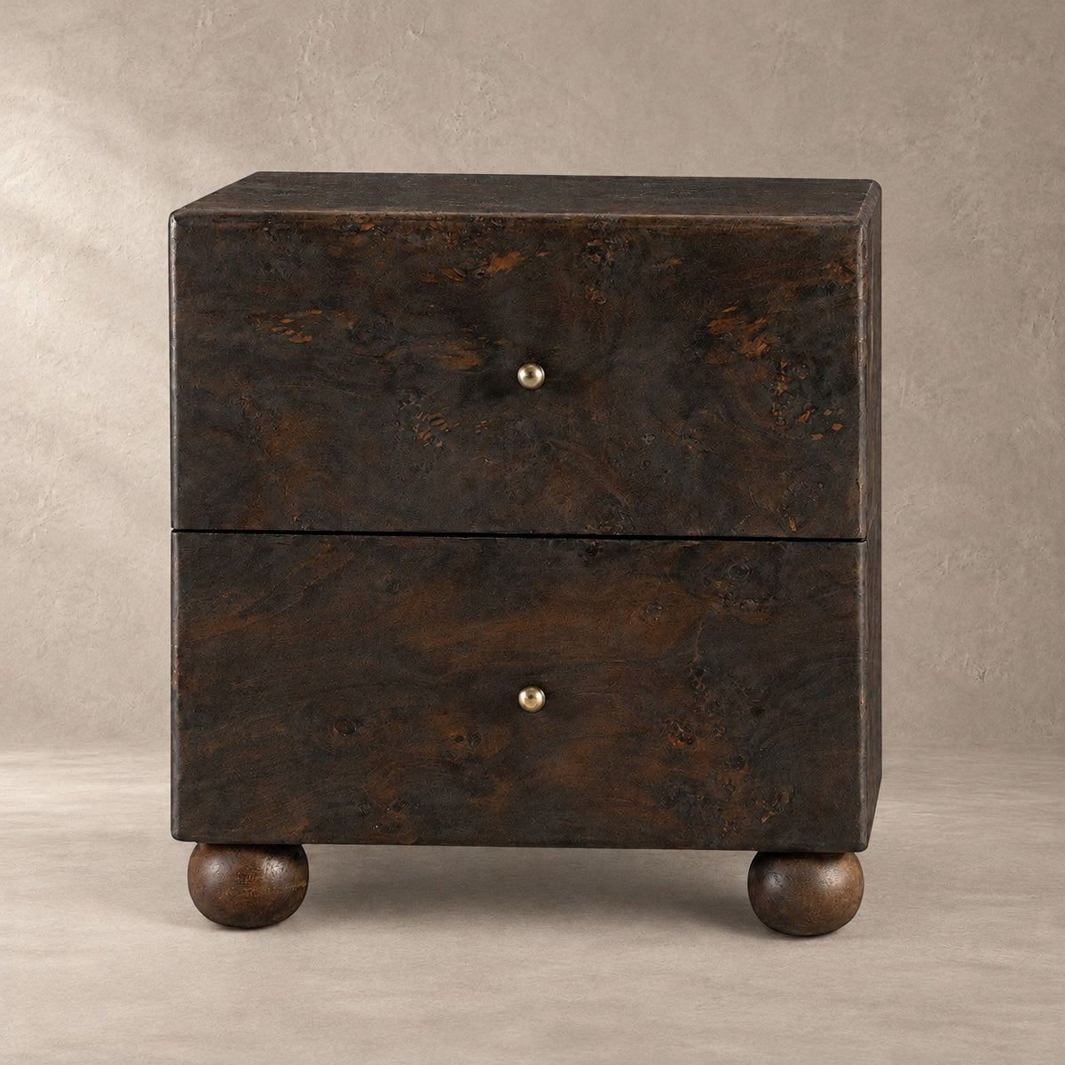 Burl Wood Bedside Table with Brass Accents