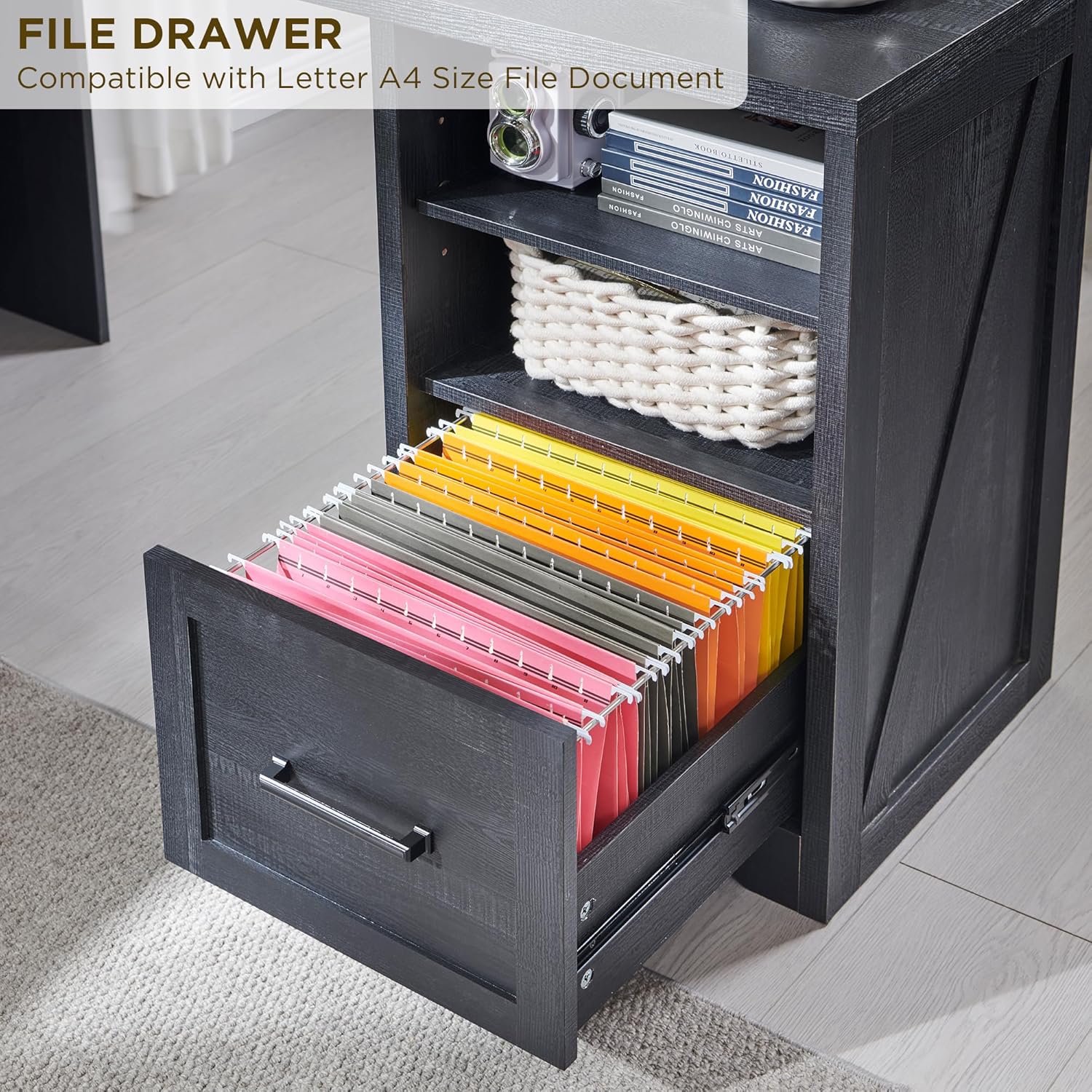 59-inch Farmhouse Computer Desk with File Cabinet - Cool Black