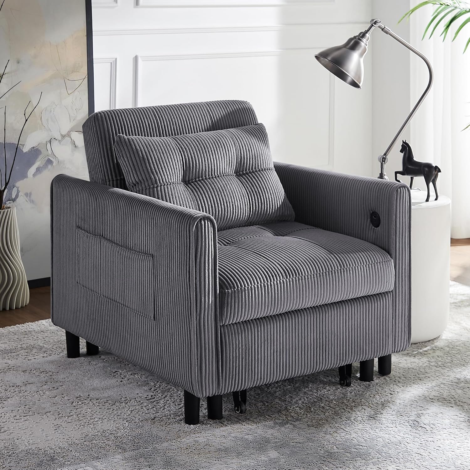 3-in-1 Corduroy Sleeper Sofa Bed Chair with USB Ports