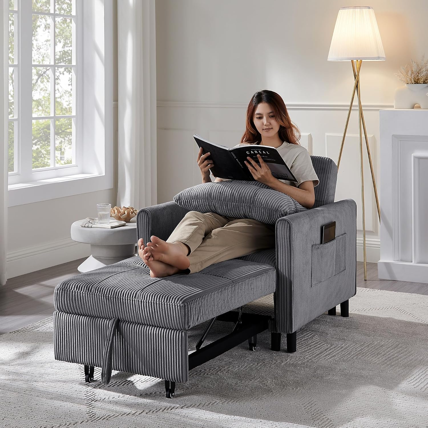 3-in-1 Corduroy Sleeper Sofa Bed Chair with USB Ports