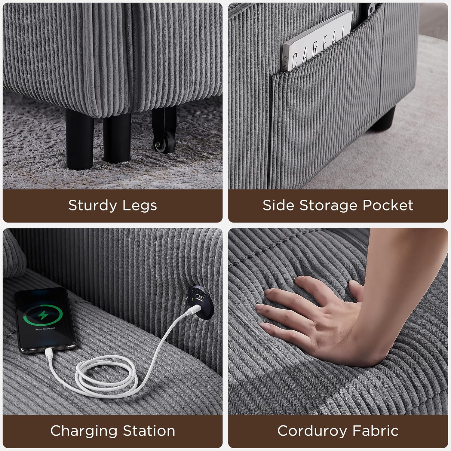 3-in-1 Corduroy Sleeper Sofa Bed Chair with USB Ports