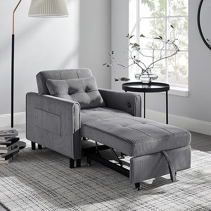 3-in-1 Corduroy Sleeper Sofa Bed Chair with USB Ports