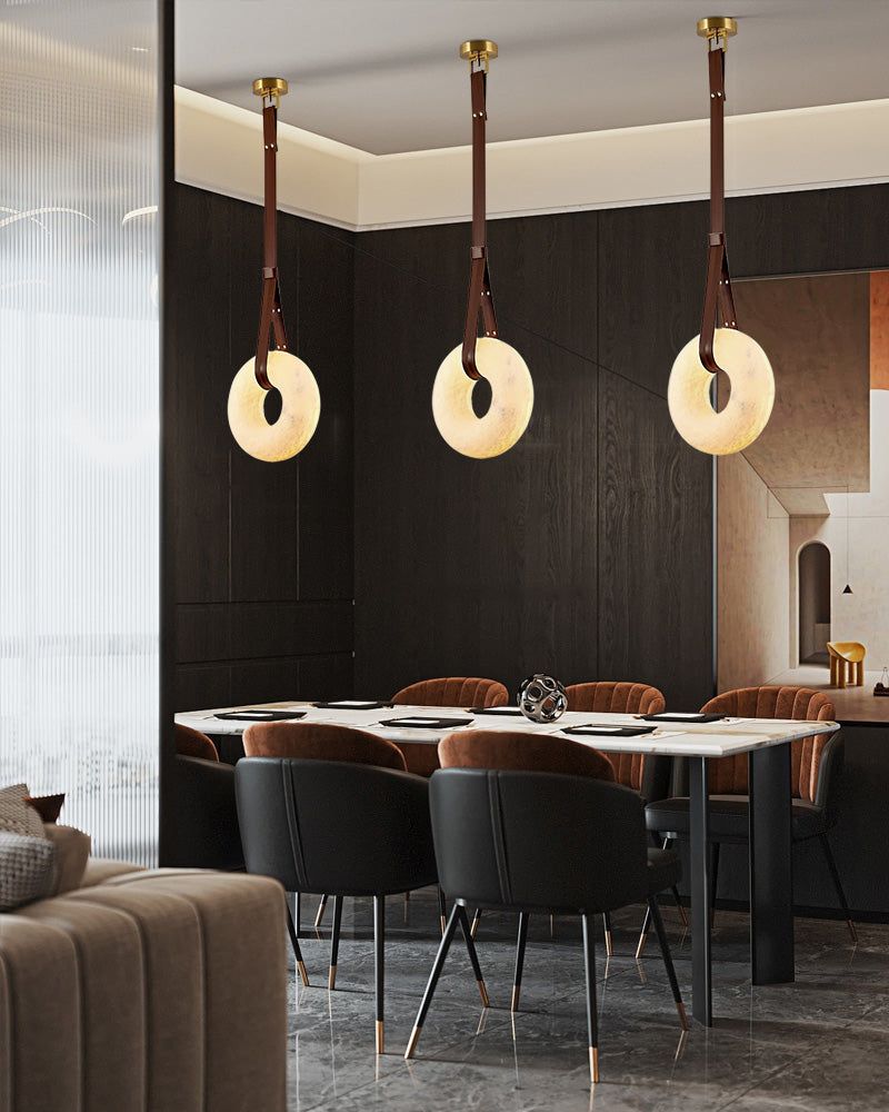 Oval Alabaster LED Large Pendant lamp with adjustable leather, Dia 16/24"