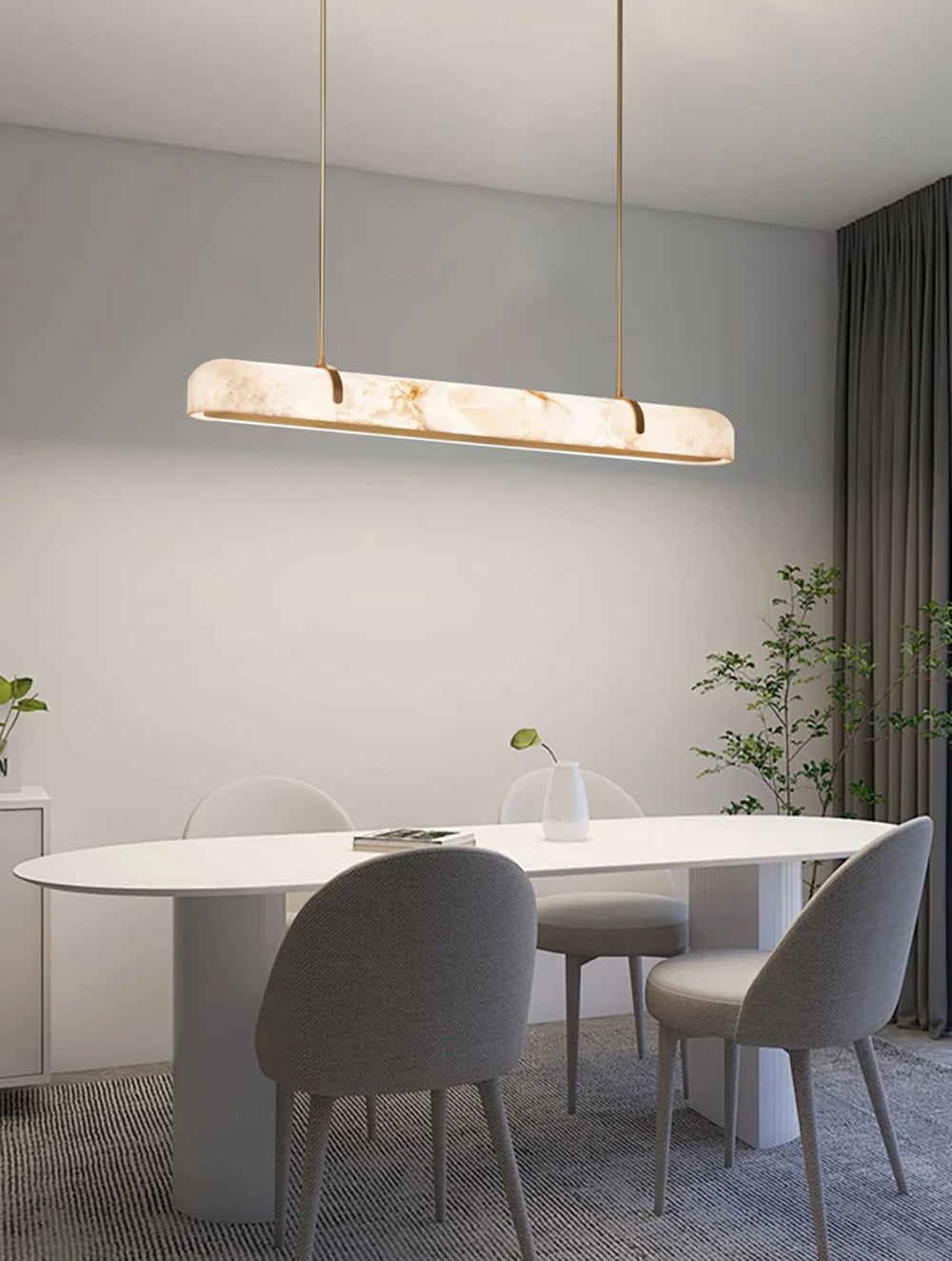 Elegant Alabaster Linear Brass Chandelier with LED Glow