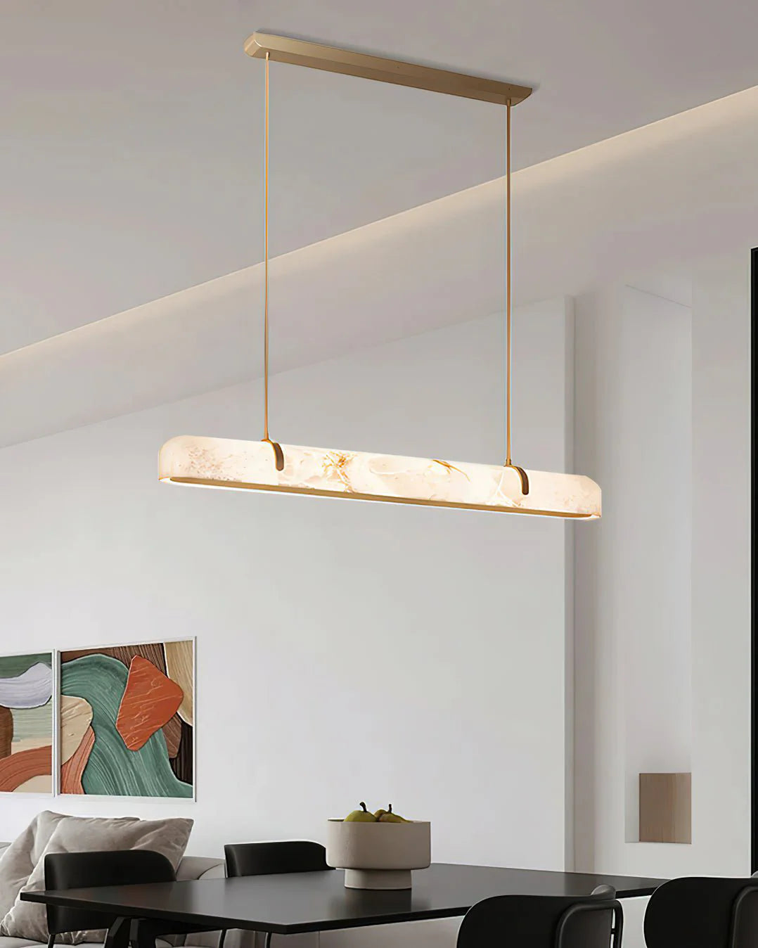 Elegant Alabaster Linear Brass Chandelier with LED Glow
