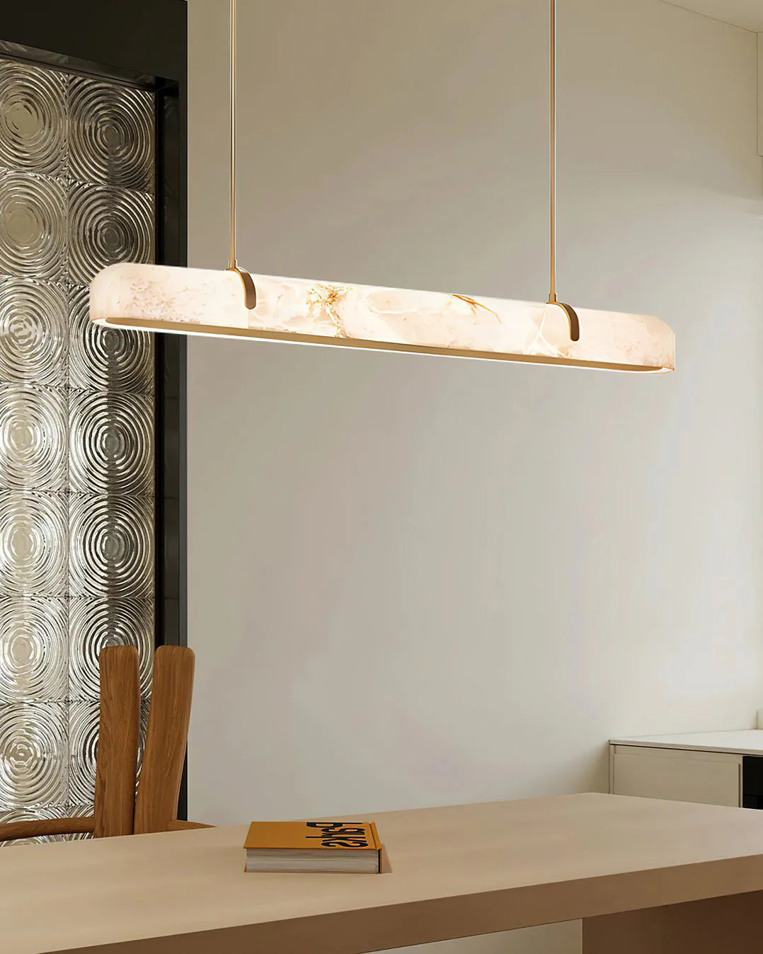 Elegant Alabaster Linear Brass Chandelier with LED Glow