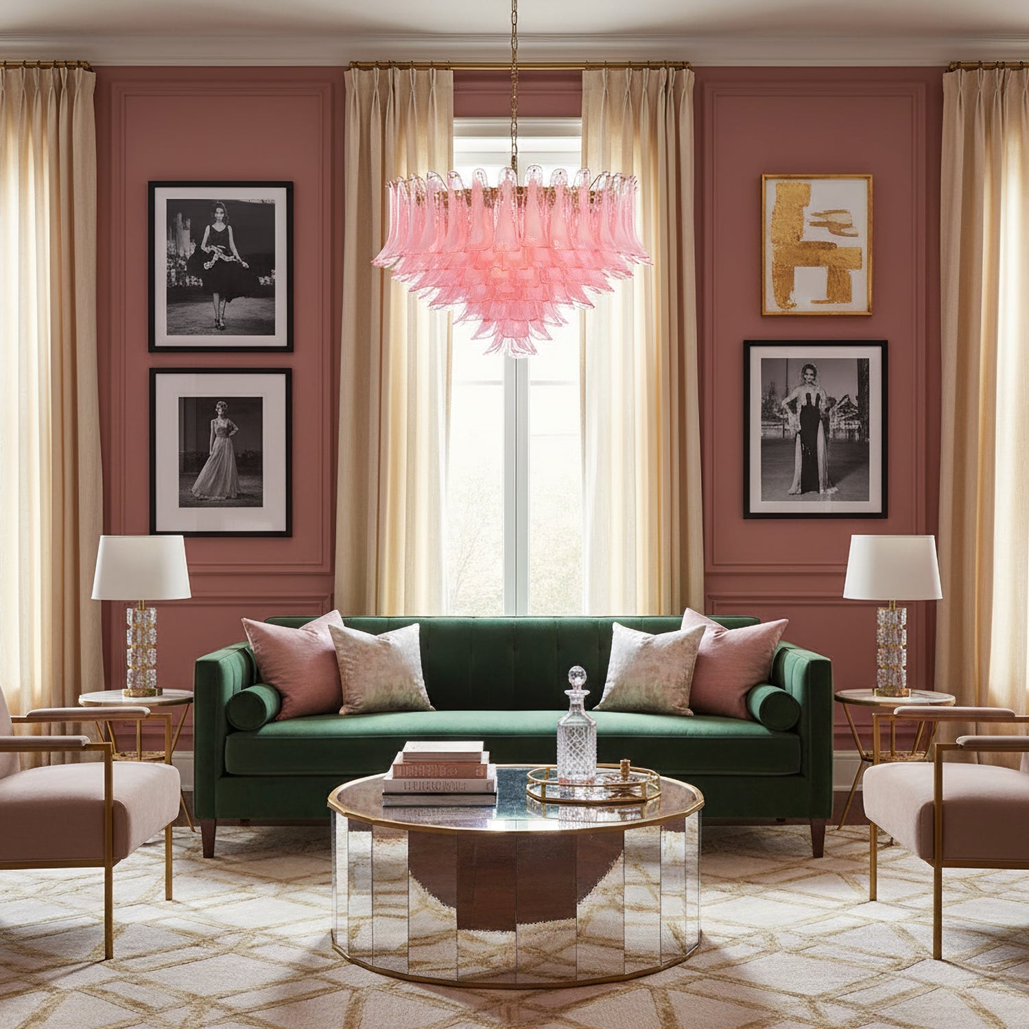 Gold & Pink Barcelona Murano Chandelier with 16 E14 Bulbs