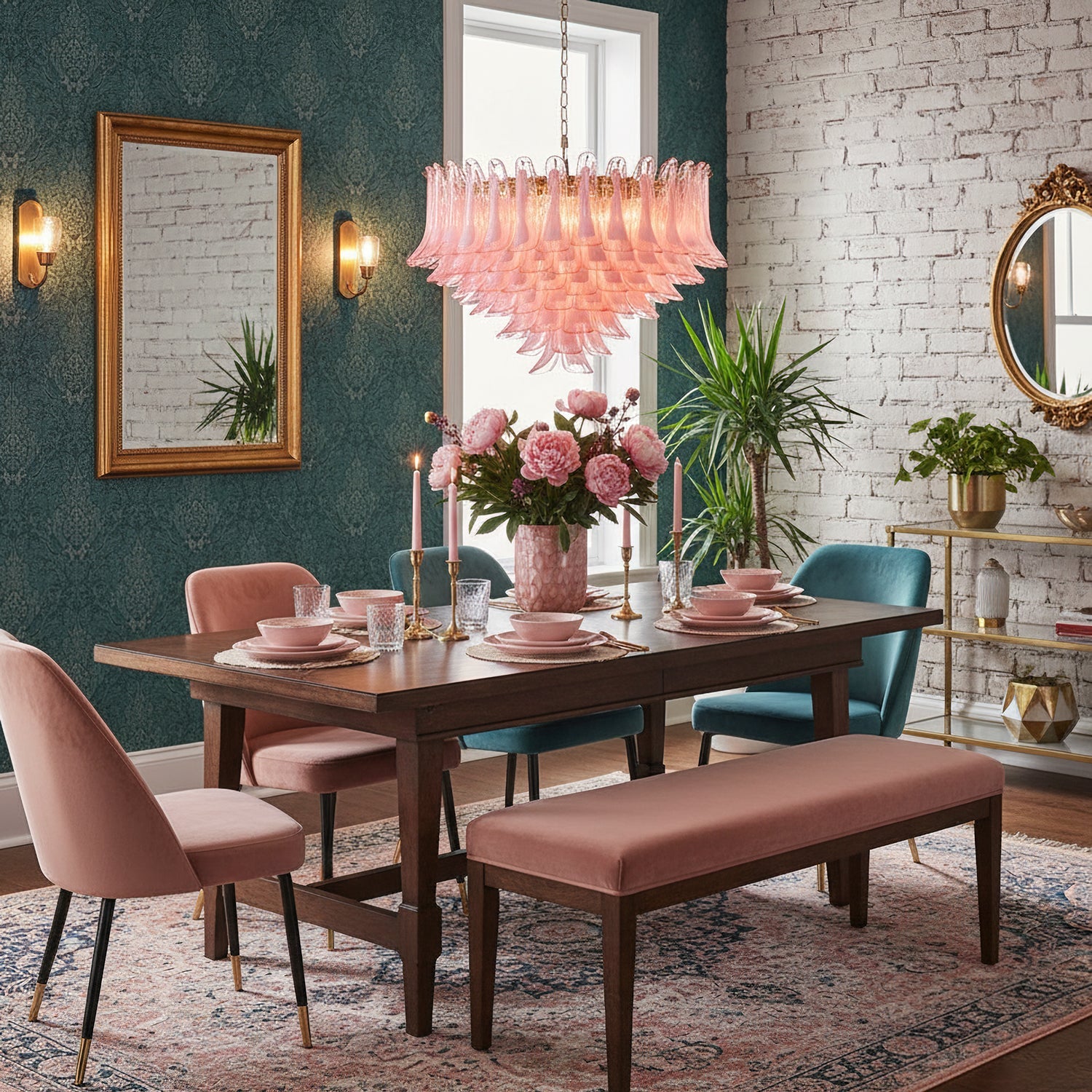 Gold & Pink Barcelona Murano Chandelier with 16 E14 Bulbs