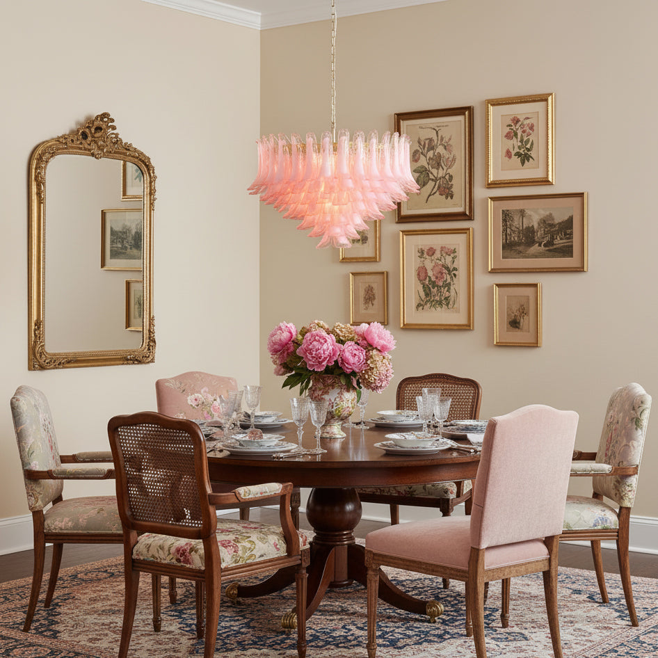 Gold & Pink Barcelona Murano Chandelier with 16 E14 Bulbs