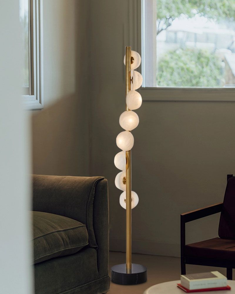 Vertical Antique Alabaster Globes in semi-flush fixtures Standing Marble Floor lamp
