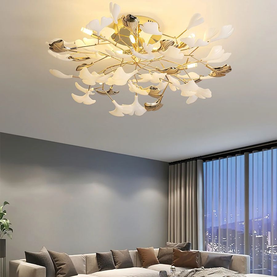 Ceramic Ginkgo Leaf Flushmount Ceiling Lamp Gold White Finish