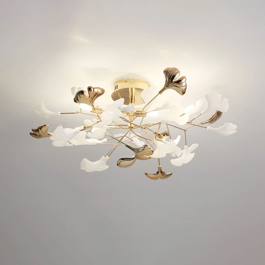 Ceramic Ginkgo Leaf Flushmount Ceiling Lamp Gold White Finish