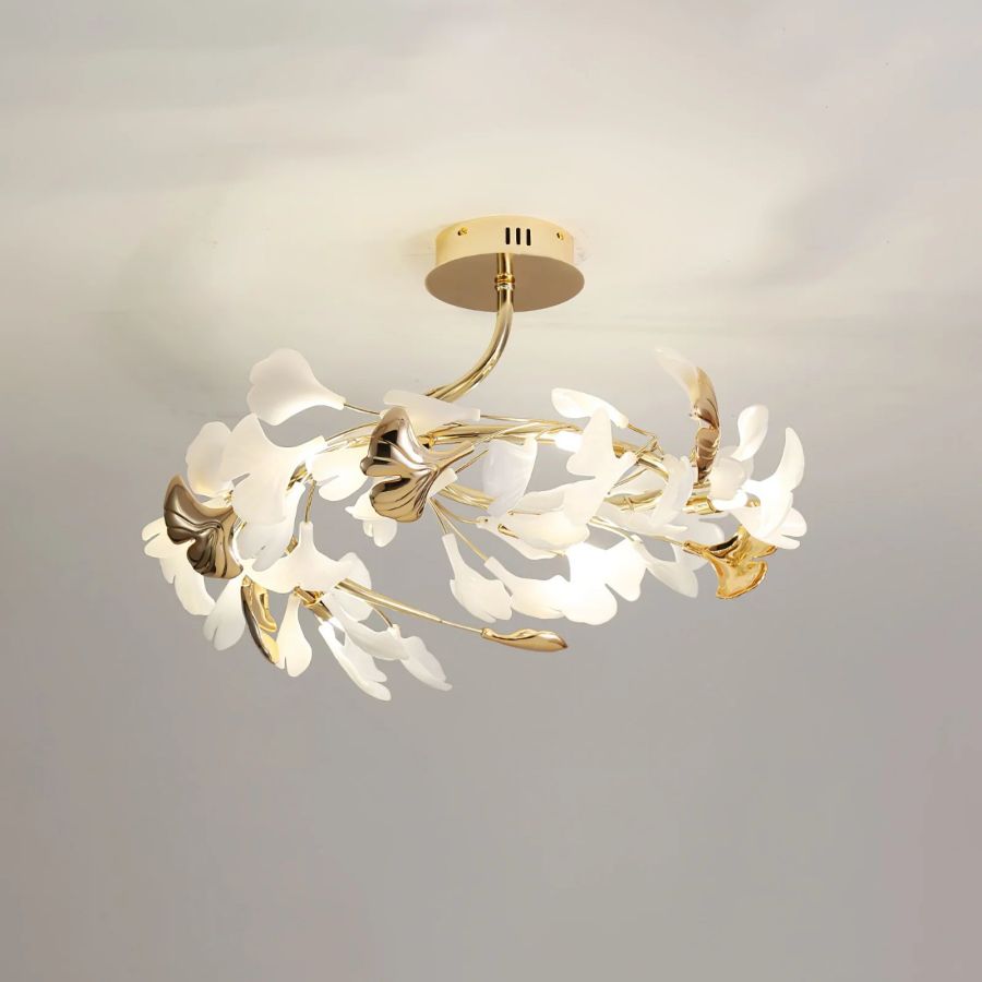 Ceramic Ginkgo Leaf Flushmount Ceiling Lamp Gold White Finish