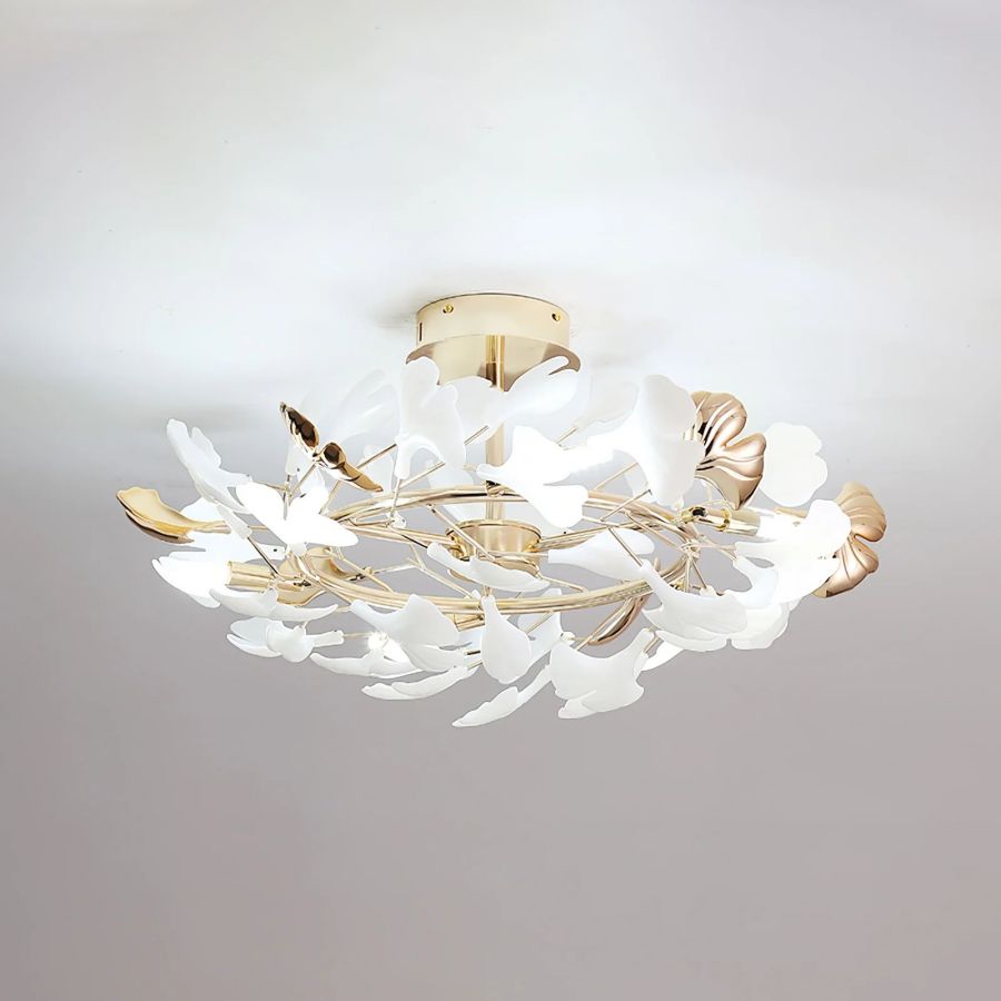 Ceramic Ginkgo Leaf Flushmount Ceiling Lamp Gold White Finish