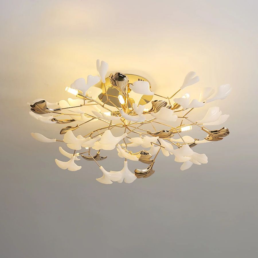 Ceramic Ginkgo Leaf Flushmount Ceiling Lamp Gold White Finish