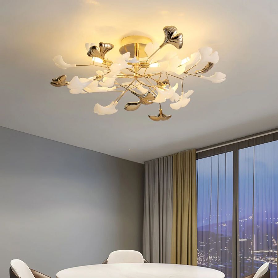 Ceramic Ginkgo Leaf Flushmount Ceiling Lamp Gold White Finish