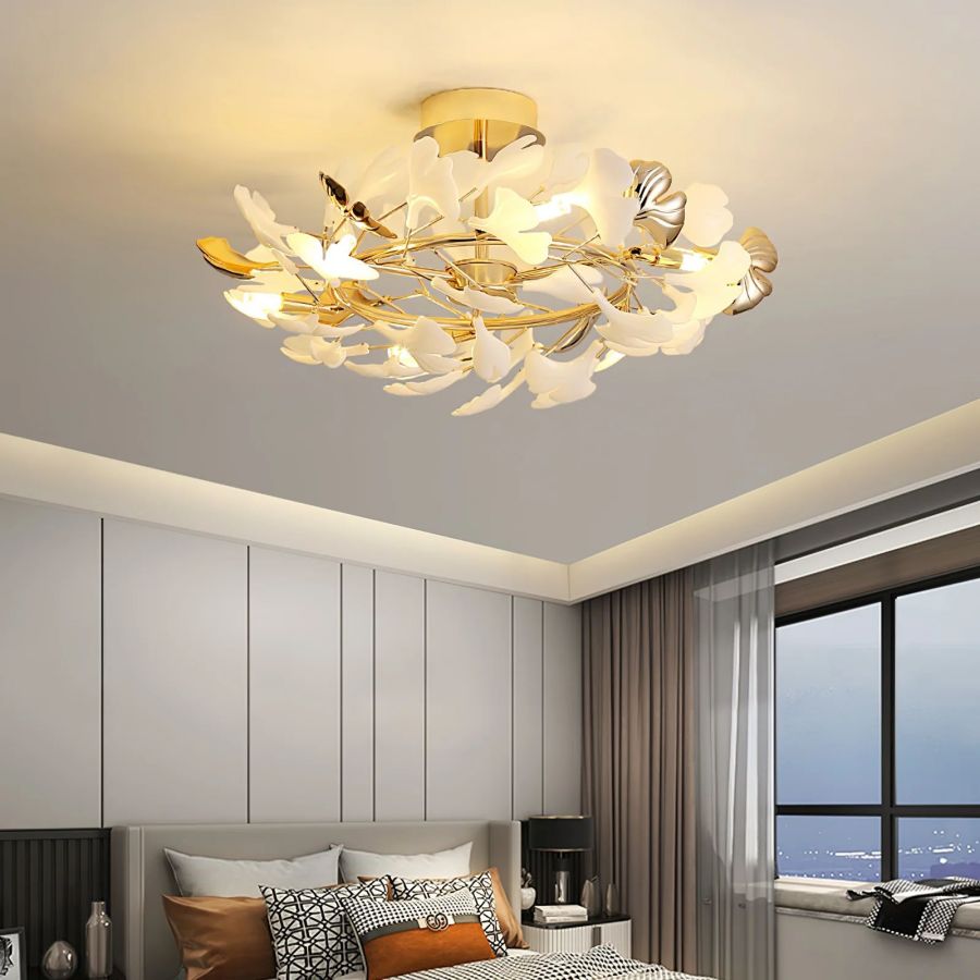 Ceramic Ginkgo Leaf Flushmount Ceiling Lamp Gold White Finish