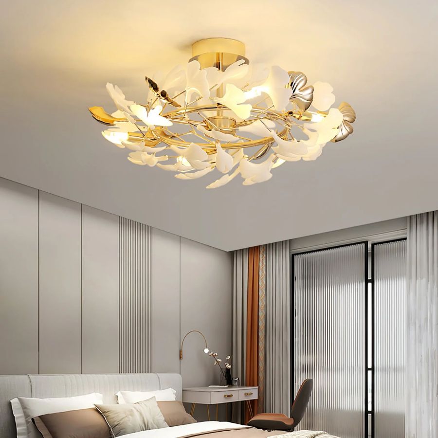 Ceramic Ginkgo Leaf Flushmount Ceiling Lamp Gold White Finish