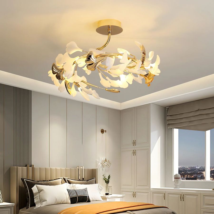 Ceramic Ginkgo Leaf Flushmount Ceiling Lamp Gold White Finish