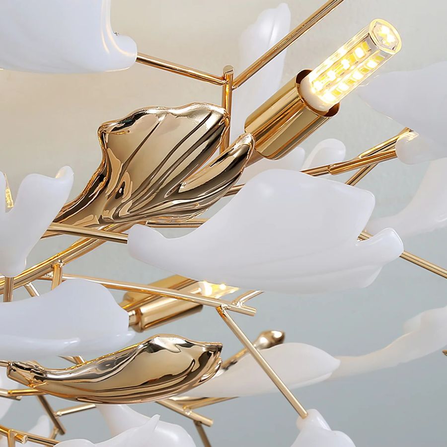 Ceramic Ginkgo Leaf Flushmount Ceiling Lamp Gold White Finish