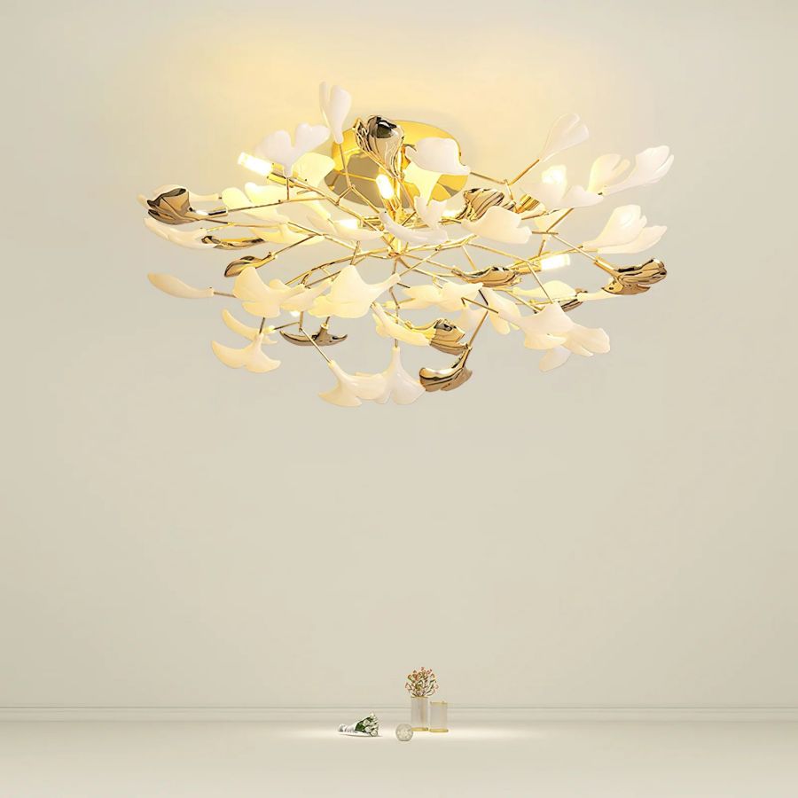 Ceramic Ginkgo Leaf Flushmount Ceiling Lamp Gold White Finish