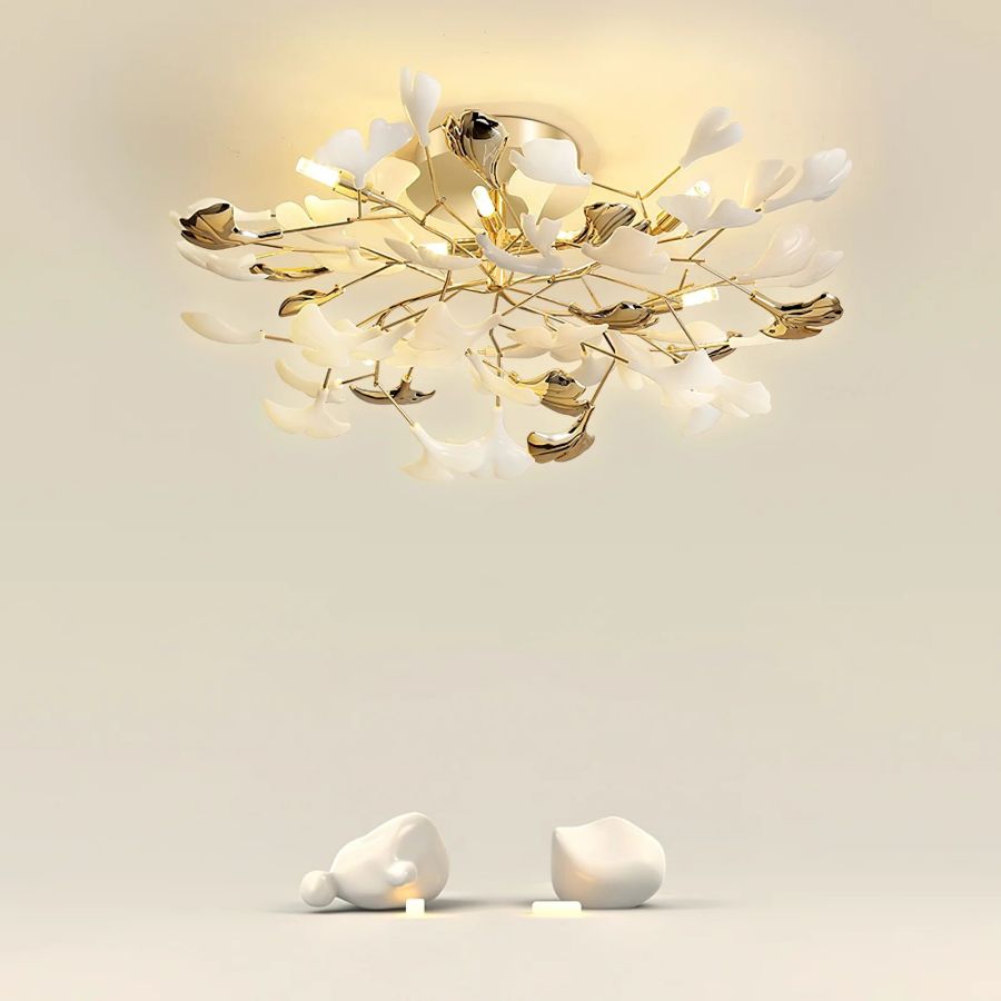 Ceramic Ginkgo Leaf Flushmount Ceiling Lamp Gold White Finish