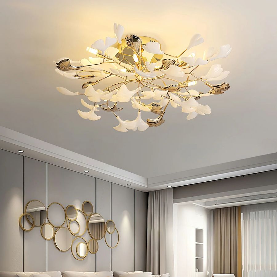 Ceramic Ginkgo Leaf Flushmount Ceiling Lamp Gold White Finish