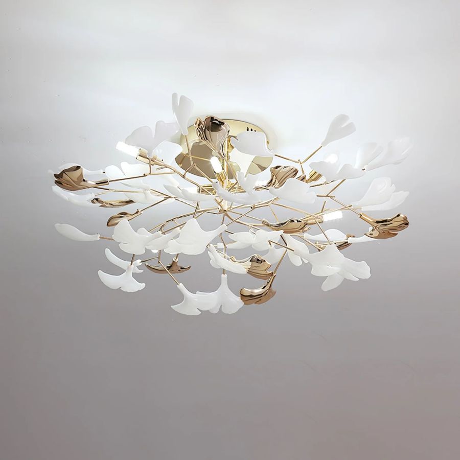 Ceramic Ginkgo Leaf Flushmount Ceiling Lamp Gold White Finish