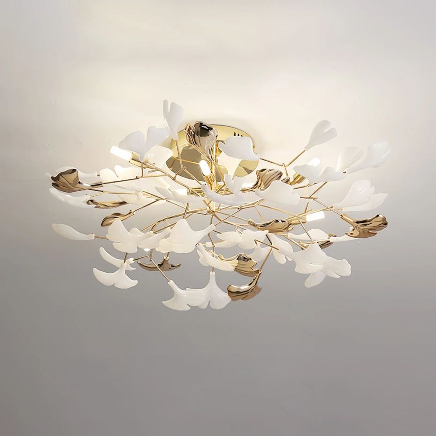 Ceramic Ginkgo Leaf Flushmount Ceiling Lamp Gold White Finish