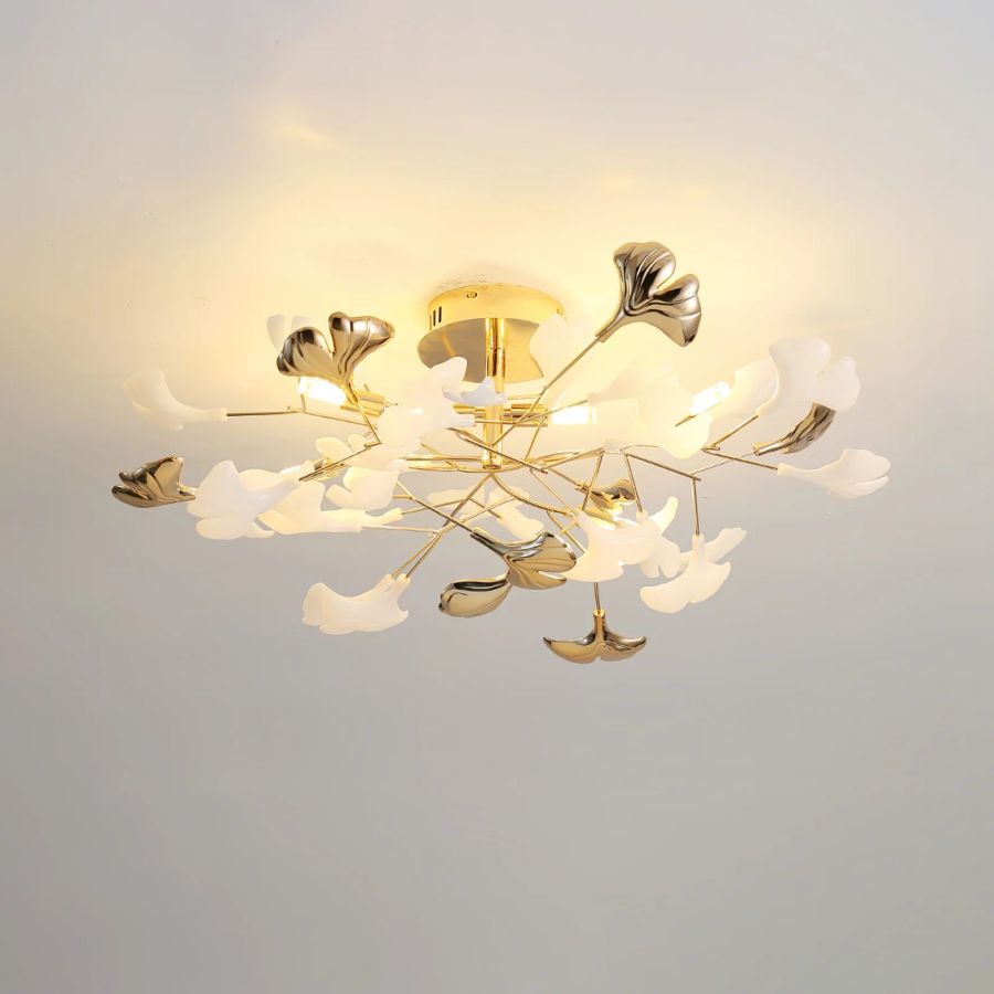 Ceramic Ginkgo Leaf Flushmount Ceiling Lamp Gold White Finish
