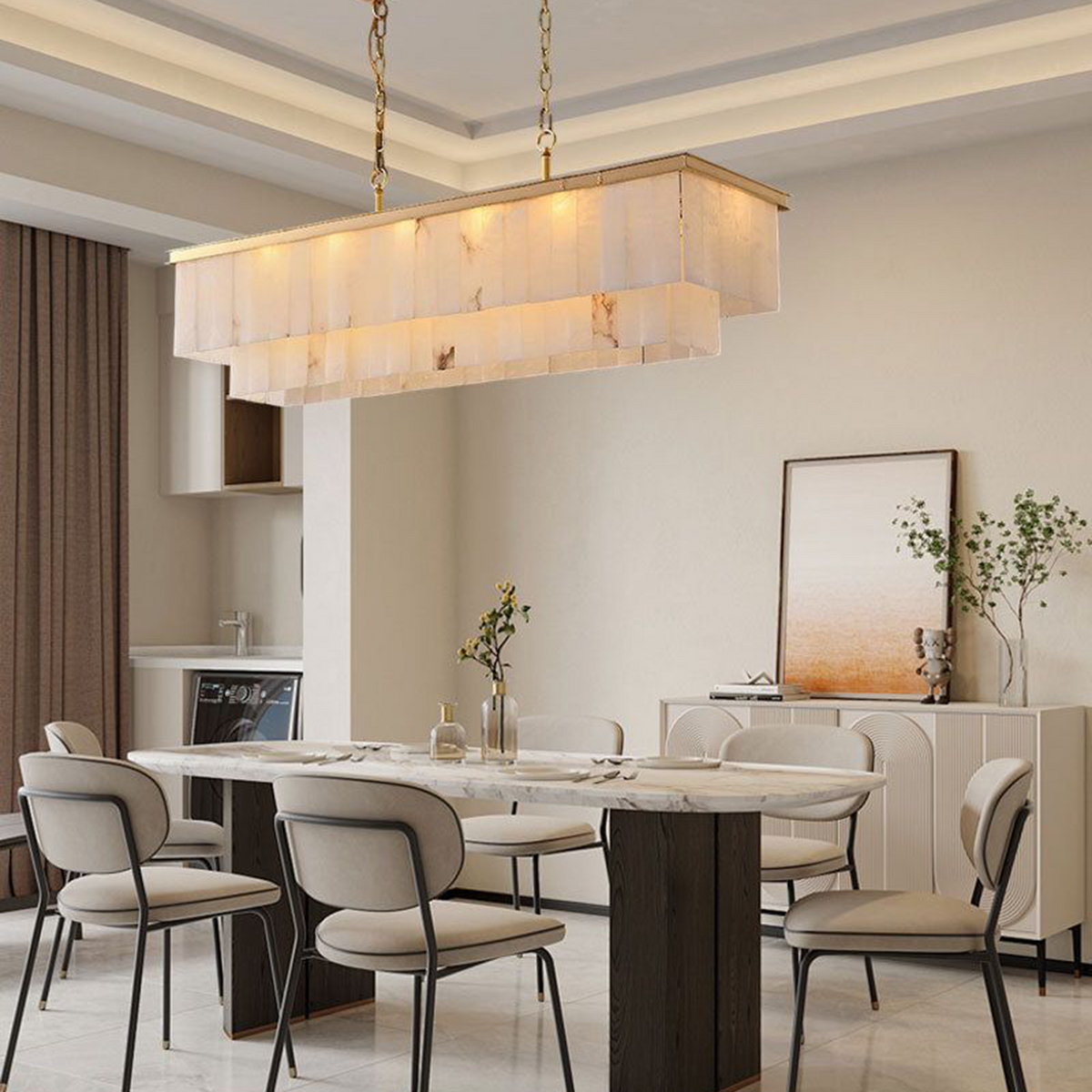 Modern White Alabaster Shade Multi-Layer Rectangle Chandelier