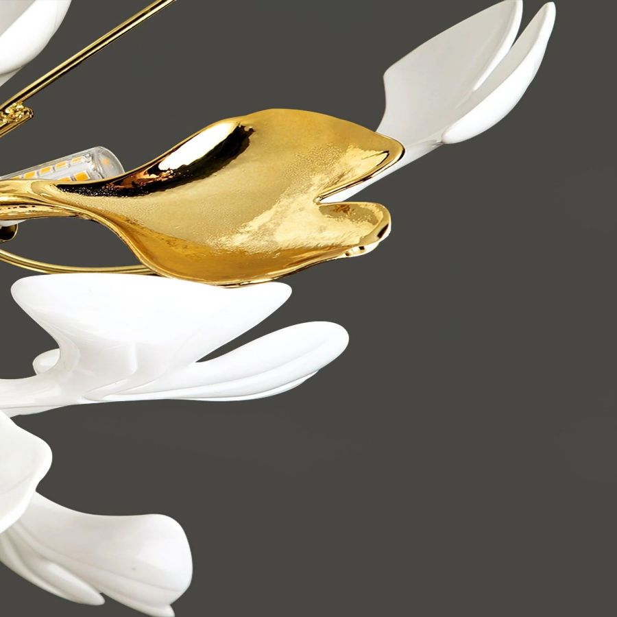 Ceramic Ginkgo Leaf Flushmount Ceiling Lamp Gold White Finish