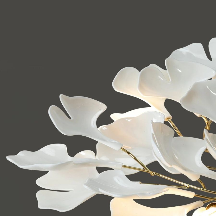 Ceramic Ginkgo Leaf Flushmount Ceiling Lamp Gold White Finish