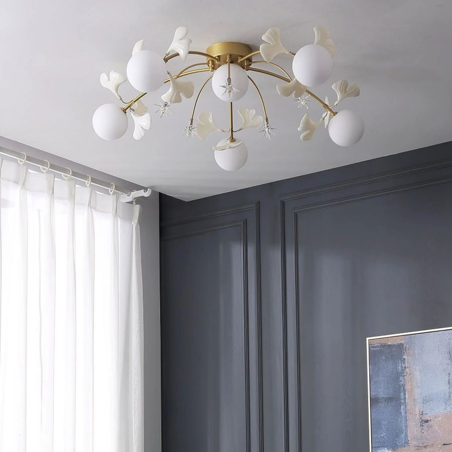 Ceramic Ginkgo Leaf Flushmount Ceiling Lamp Gold White Finish
