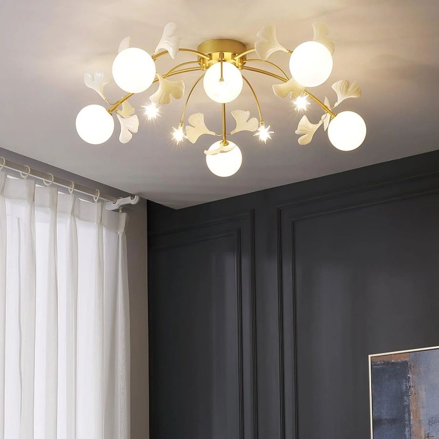 Ceramic Ginkgo Leaf Flushmount Ceiling Lamp Gold White Finish