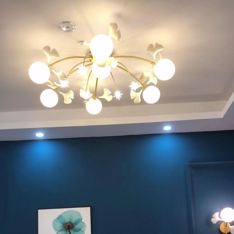 Ceramic Ginkgo Leaf Flushmount Ceiling Lamp Gold White Finish