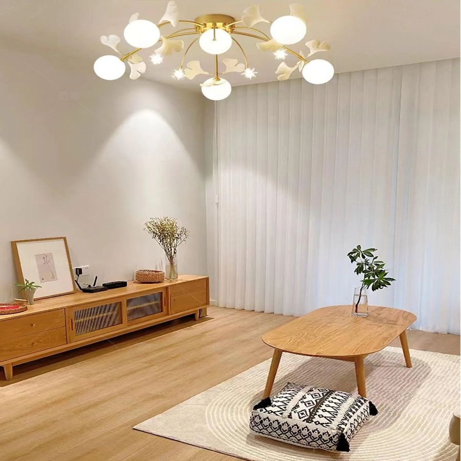 Ceramic Ginkgo Leaf Flushmount Ceiling Lamp Gold White Finish