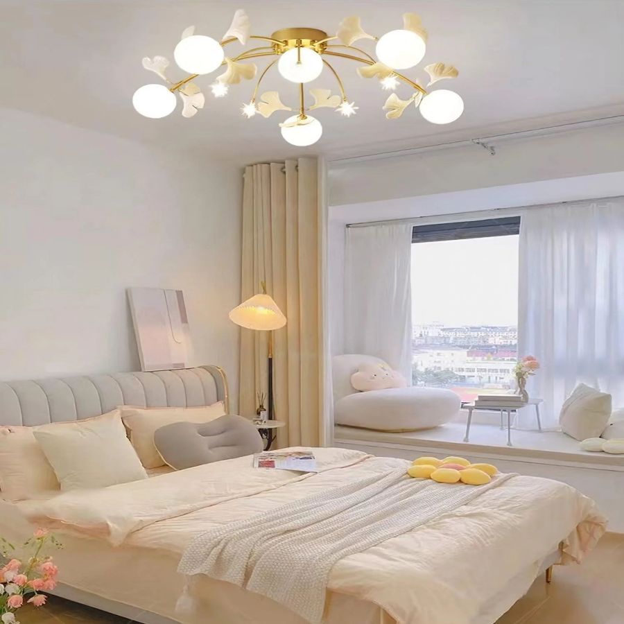 Ceramic Ginkgo Leaf Flushmount Ceiling Lamp Gold White Finish