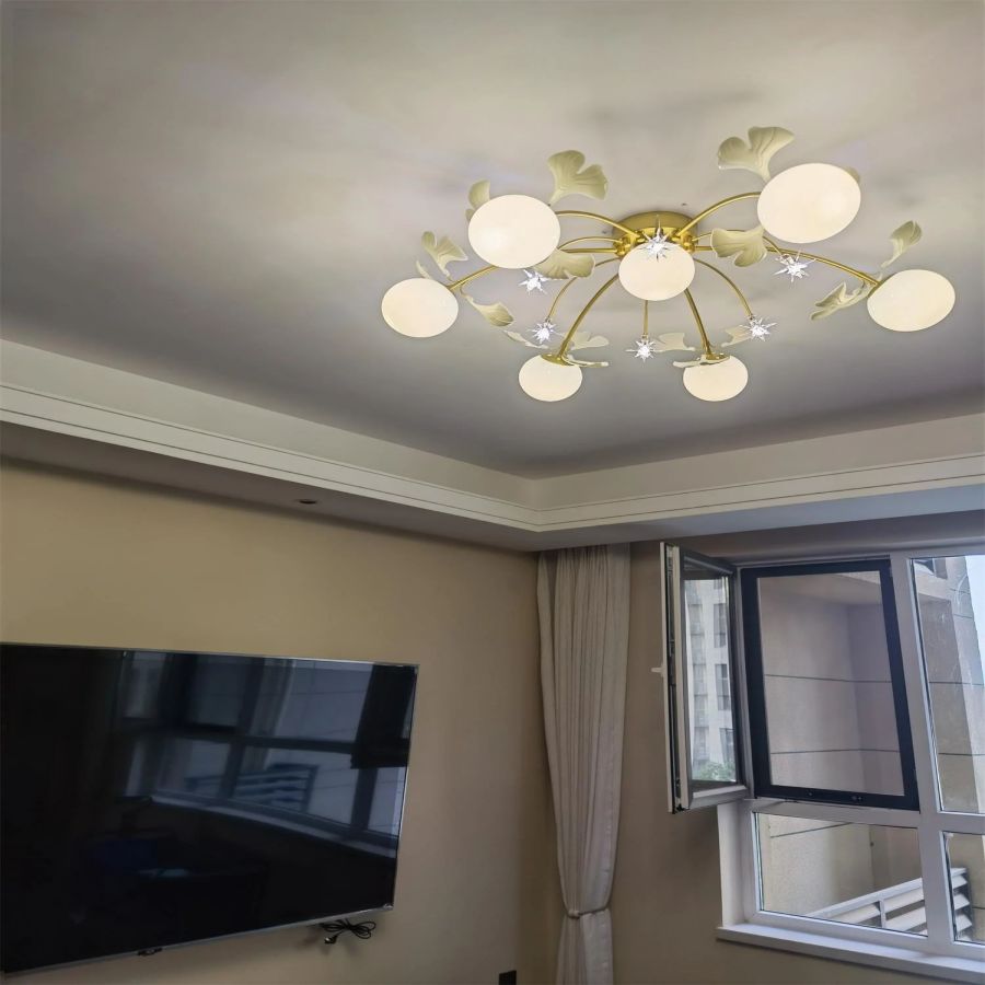 Ceramic Ginkgo Leaf Flushmount Ceiling Lamp Gold White Finish