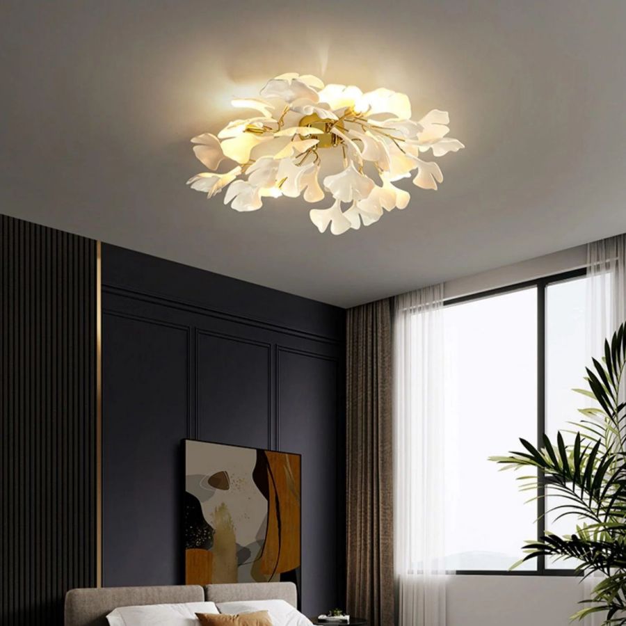 Ceramic Ginkgo Leaf Flushmount Ceiling Lamp Gold White Finish