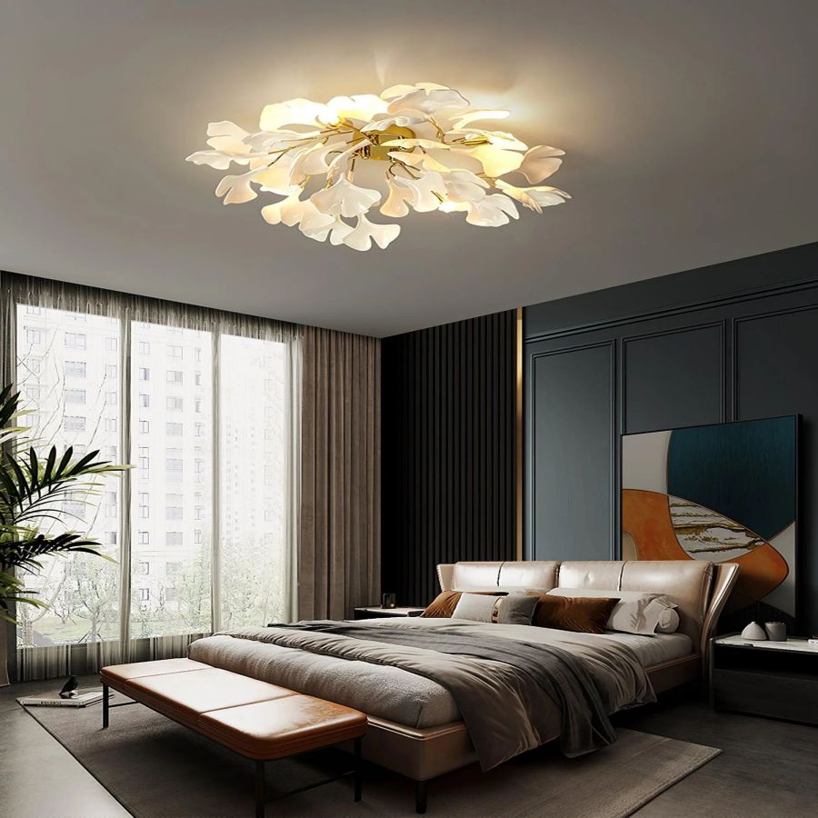 Ceramic Ginkgo Leaf Flushmount Ceiling Lamp Gold White Finish