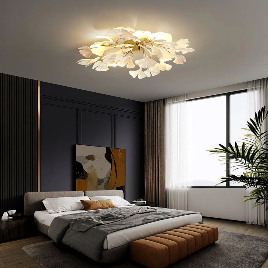 Ceramic Ginkgo Leaf Flushmount Ceiling Lamp Gold White Finish