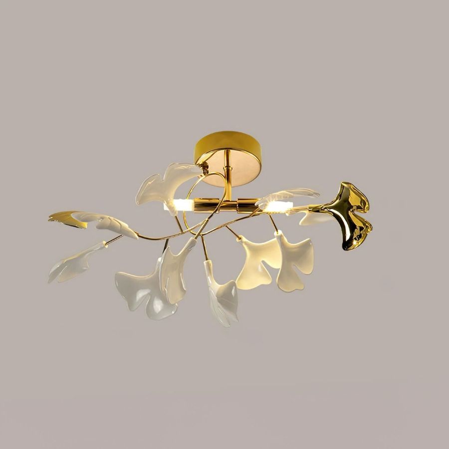 Ceramic Ginkgo Leaf Flushmount Ceiling Lamp Gold White Finish
