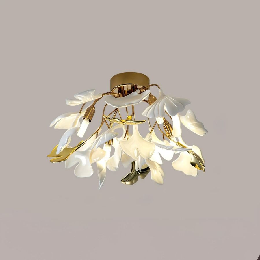 Ceramic Ginkgo Leaf Flushmount Ceiling Lamp Gold White Finish